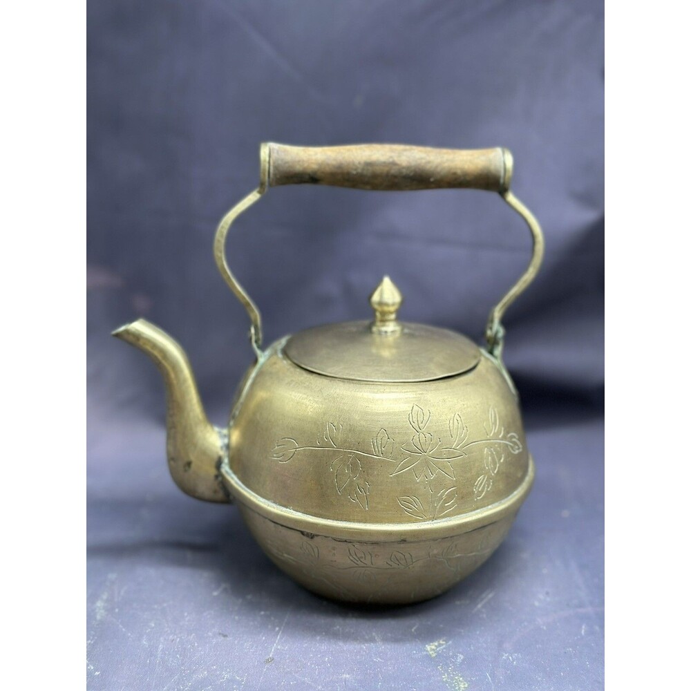 Brass Tea Kettle With Wood Handle Perfect Patina Floral Etched